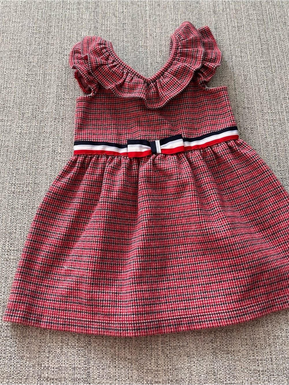Janie and Jack Red Check Ruffle Neck Dress with Ribbon Waist Detail. Size 6-12M